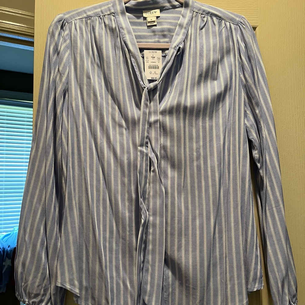 J Crew Blue striped front tie dress shirt NWT